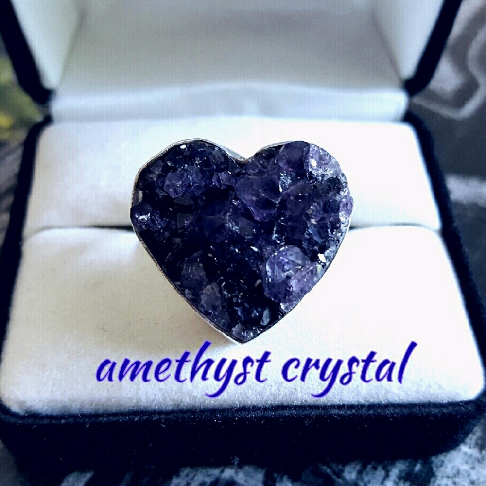 Amethyst Druzy Heart Ring Sterling Silver